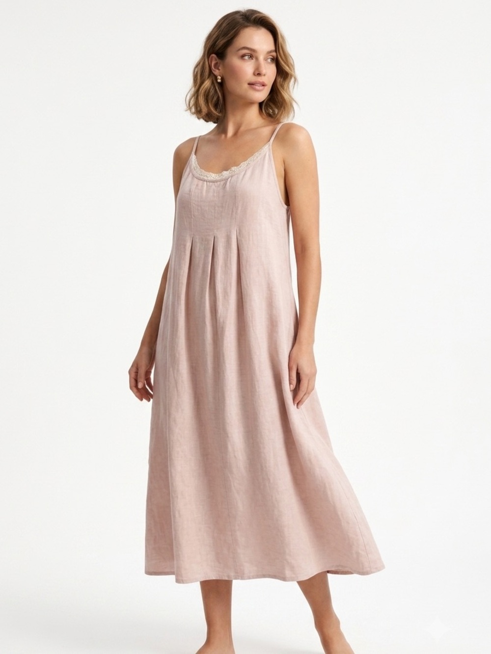 Les Ours Blush Pink Linen Lagenlook Maxi Dress Lace Trim EUC XL